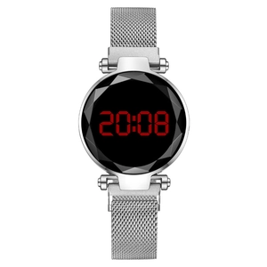 Silver LED digital watch with diamond-cut glass and magnetic Milanese mesh strap