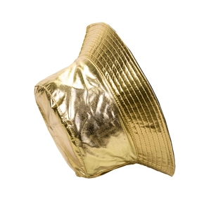 Detail of golden metallic bucket hat showing stitching and reflective foil texture