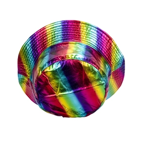 Top view of bucket hat showing rainbow metallic PU leather and vibrant reflective texture