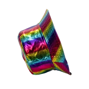 Macro detail of the metallic rainbow PU leather bucket hat showing stitching and texture