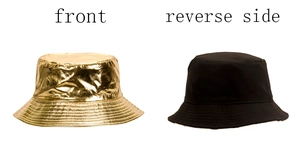 Detail view of reversible PU leather bucket hat showing golden and black sides