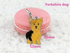 Detail showing enamel Yorkshire Terrier charm with lobster clasp and size dimensions