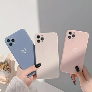 Matte iPhone case with hand-drawn heart pattern in blue, beige and pink soft colors