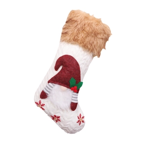 Calza natalizia in maglia bianca con bordo in peluche e decorazione a forma di gnomo 3D