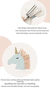 Safety fabric-covered metal clip on blue unicorn hair clip for children and girls