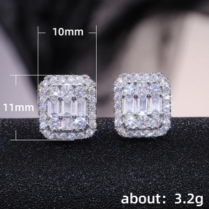 Elegant square zircon earrings with halo stones, silver finish, 10mm width and 11mm height