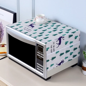 Linen dust cover with side pockets for microwave oven featuring pine and elk prints
