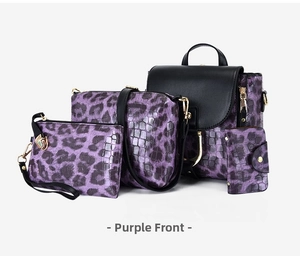 Macro shot of a 4-piece purple leopard print bag set with crocodile texture and metal buckle