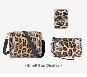 Detailed set of leopard print PU leather crossbody bag, wristlet clutch, and wallet
