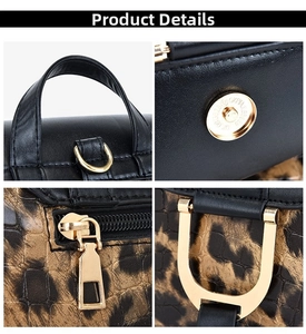 Detail view of leopard print handbag features gold hardware, magnetic clasp, and smooth texture