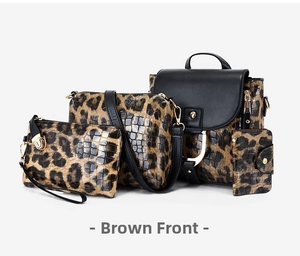 Front view of 4-piece leopard and crocodile print handbag set in brown PU leather