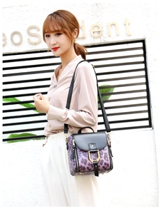 Detail of purple leopard print handbag with golden horseshoe buckle on a shoulder strap