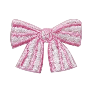 Pink and white striped embroidered bow patch with high-density stitching for clothing decoration