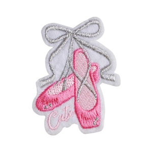 Pink ballet shoes embroidery patch with silver bow and Cute lettering detail