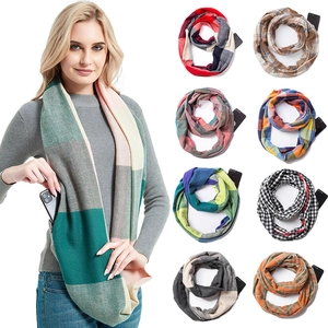 Winter plaid zipper infinity scarf with hidden pocket for phone, multiple colors