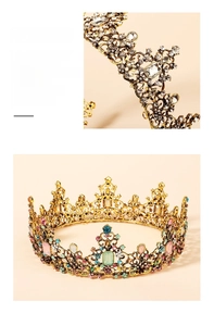 Macro detail of handmade baroque crown with colorful rhinestones and gold alloy patterns