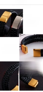 Detailed view of 316L stainless steel buckle and braided leather texture on male bracelet