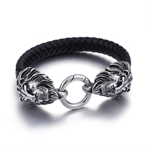 Herren Geflochtenes Lederarmband Edelstahl Löwenkopf Totenkopf Punk Gothic Schmuck Hip Hop Accessoire