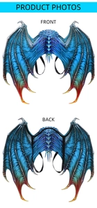 Detailed front and back views of blue dragon wing costume with realistic scale textures