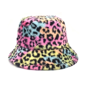 Colorful leopard print plush bucket hat for women with warm faux fur winter material