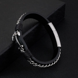 Men's stainless steel anchor bracelet with braided black silicone strap and link chain