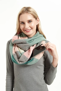 Detail of a plaid scarf with a functional hidden zipper pocket for storing mobile phones