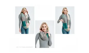 Detail of multi-color knit infinity scarf featuring a functional hidden zipper pocket