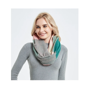 Close-up of multicolor knit infinity scarf with zipper pocket and warm texture details
