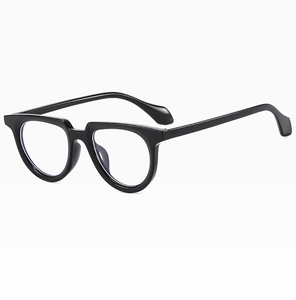 Detailed close-up of glossy black small frame sunglasses with anti-UV blue light lenses