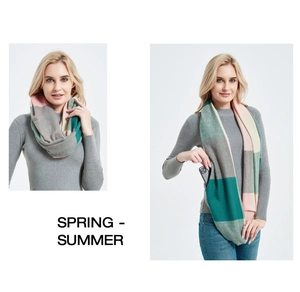 Detail showing checkered neck warmer with functional pocket for mobile phone storage
