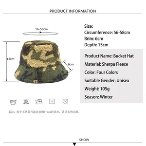 Winter camouflage sherpa fleece bucket hat with size chart for men and women