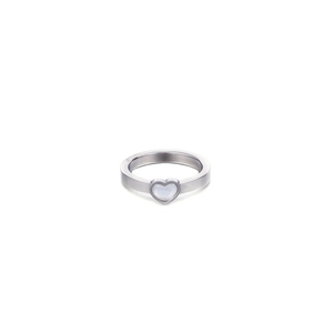 Minimalist silver steel heart ring with white shell inlay on a clean white background
