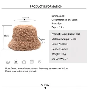 Winter lambswool bucket hat for women with detailed size chart showing 56-58cm circumference