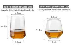Size comparison of lead-free crystal hexagonal glasses in 350ml and 300ml capacities