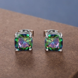 Macro shot of square rainbow mystic topaz earrings with classic four-prong silver setting