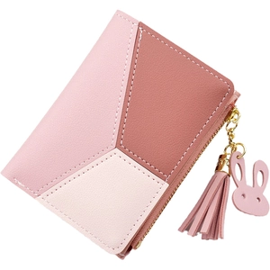 Short tri-color bifold women wallet with tassel and cute rabbit charm in pink tones