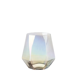 Diamond cut iridescent glass cup for juice and coffee with a colorful rainbow finish