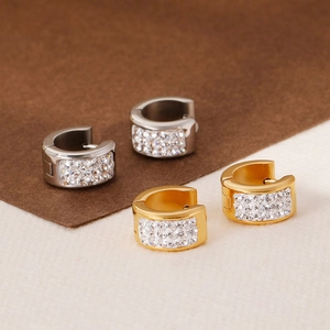Elegant gold and silver pavé crystal C-shaped hoop earrings in 304 stainless steel