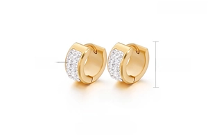 Detail of gold-plated stainless steel hoop earrings with multiple rows of white zircon