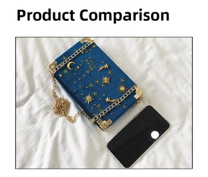 Deep blue velvet book-shaped crossbody bag with gold star embroidery and size comparison