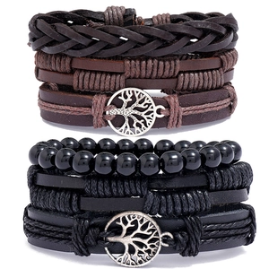 Vintage Multi Layer Braided Cowhide Leather Bracelet With Alloy Tree Of Life Pendant For Men