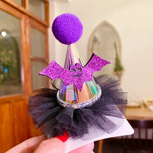 Halloween mini party hat headband with purple bat, laser sequins, and black mesh tutu