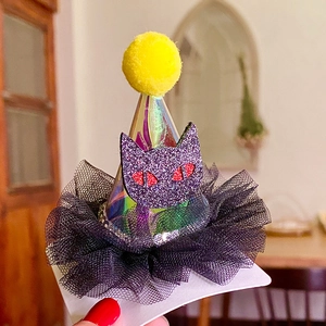 Holographic mini witch hat headband with purple glitter cat face and black tulle mesh
