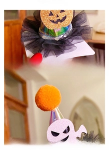 Detail of Halloween glowing headbands with pumpkin and ghost motifs on mesh fabric
