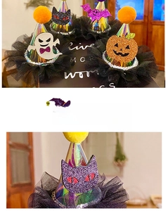 Detail of Halloween mini pointed hats with pumpkin, ghost, bat, and cat motifs and mesh trim