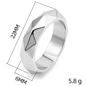 Polished silver titanium steel ring with geometric faceted edges and dimensions