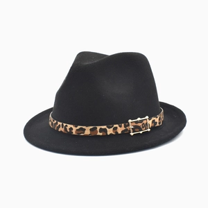 Classic black wool fedora hat with a stylish leopard print band and golden buckle detail