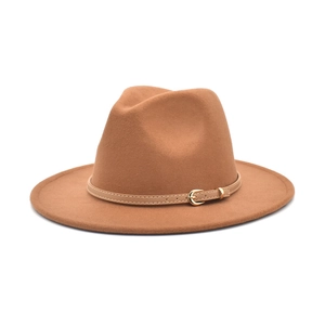 Classic brown wool felt jazz hat with wide brim and leather belt decoration
