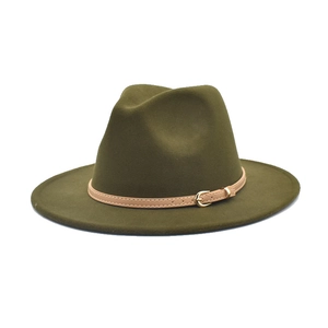 Detail of olive green wool fedora with sand leather band and golden metal buckle