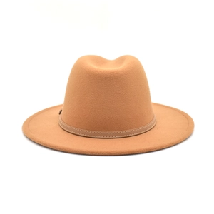 Classic British style khaki wide brim wool fedora hat with elegant leather band for women